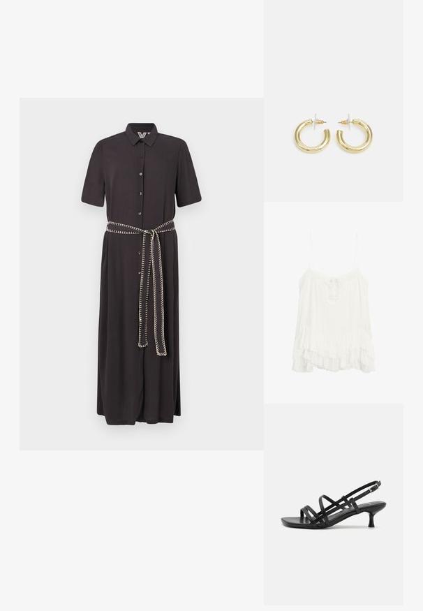 Schwarzes Hemdblusenkleid mit kurzen Ärmeln, durchgehender Knopfleiste und einem passenden Gürtel mit kontrastierenden dekorativen Stickdetails.; Weiße ärmellose Bluse aus leichtem Stoff mit einem V-Ausschnitt und einer Schleife sowie einem geschichteten Volantsaum. Verstellbare Träger.; Schwarze High Heels Sandalen mit mehreren überkreuzten Riemen. Glattes Material, spitze Zehenpartie und schmaler Absatz. Verstellbarer Knöchelriemen mit Schnalle.; Goldene Creolen mit einer glatten, glänzenden Oberfläche. Zirkuläres Design mit einem kleinen Stecker und einer klaren Rückseite für einen sicheren Sitz.