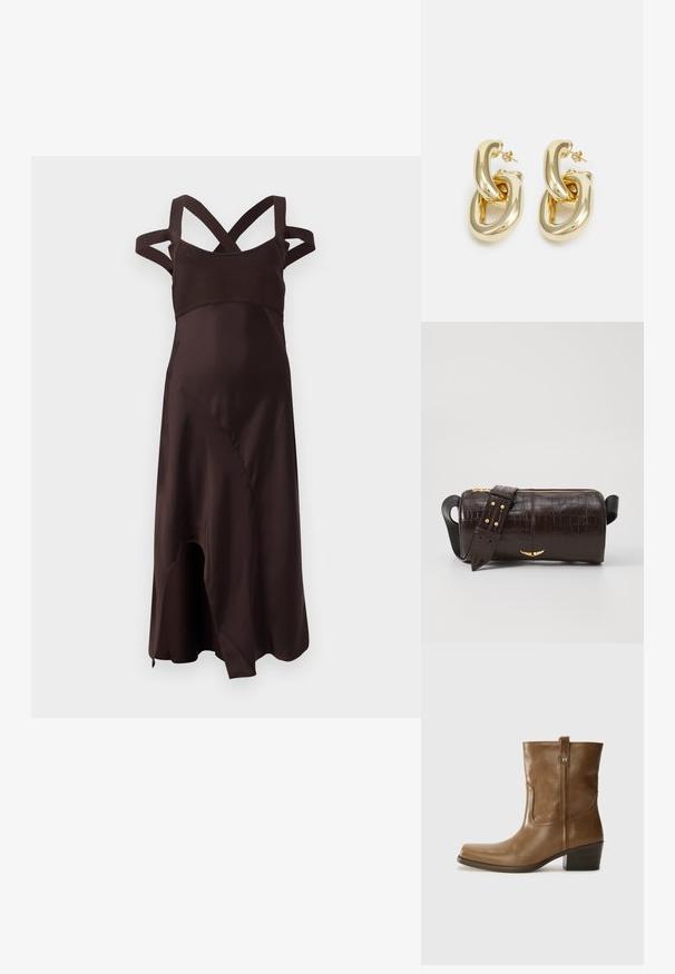 Hnedé saténové šaty s priliehavým korzetom a krížovými ramienkami. Majú plynulý, asymetrický lem a hladkú, jemnú textúru.; Hnedé kožené členkové topánky so štvorcovou špičkou, textúrovaným povrchom a nízkym vrstveným podpätkom. Obsahujú zadný úchyt a diskrétne prešívanie.; Hnedá taška z kože s embosovaným vzorom krokodíla, cylindrického tvaru, so zlatými hardvérovými doplnkami a odnímateľným popruhom so štítkami.; Rabanne XL LINK DOUBLE HOOP EARRINGS - Náušnice - gold-coloured