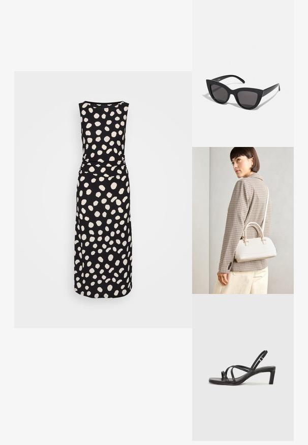 Ermeløs svart midikjole med rund hals, tettsittende midje og uregelmessig stort hvitt prikkemønster gjennom hele.; Sorte sandaler med stropper, firkantet tå og lav blokk hæl. Har flere tynne stropper og en justerbar ankelstropp. Laget av glatt lær.; Sorte katteau solbriller med mat finish, featuring grå tonede linser, skarpe vinkler og slanke sidearme. Merkenavn synlig på den indre armen.; Hvit strukturert håndveske med korte håndtak og skulderreim, med detaljer i gullfinish og teksturert materiale, vist mot en grå bakgrunn.