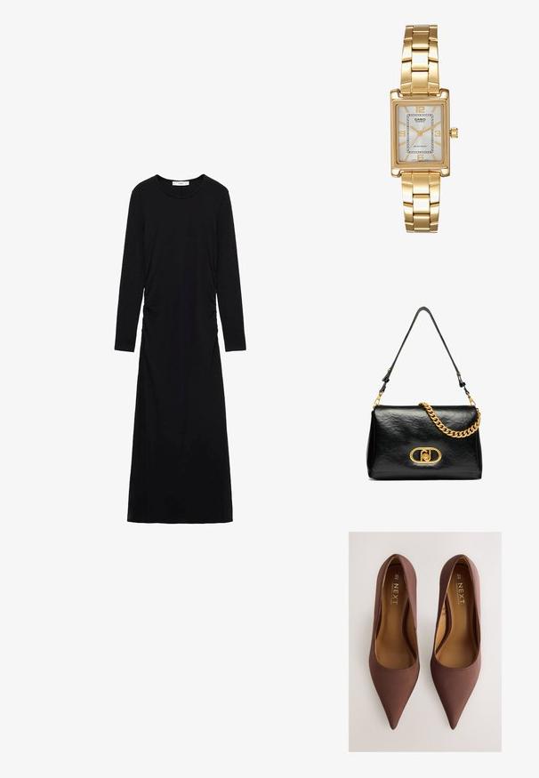 Černé dlouhé rukávy šaty z měkké tkaniny, se zaobleným výstřihem a nařasenými detaily po bocích, které vytvářejí obepnutou siluetu.; Hnědé saténové lodičky s špičatou špičkou a hladkou texturou, s nízkým střihem a minimalistickým designem. Vnitřní podšívka je béžová.; Černá kožená kabelka přes rameno s pomačkanou texturou, zlatým řetízkem jako doplňkem a výraznou zlatou sponou se oválným logem. Nastavitelný ramenní popruh.; Zlatý obdélníkový náramkový hodin s bílým ciferníkem, stříbrnými indexy a odolným kovovým náramkem. Obsahuje voděodolnou funkci.