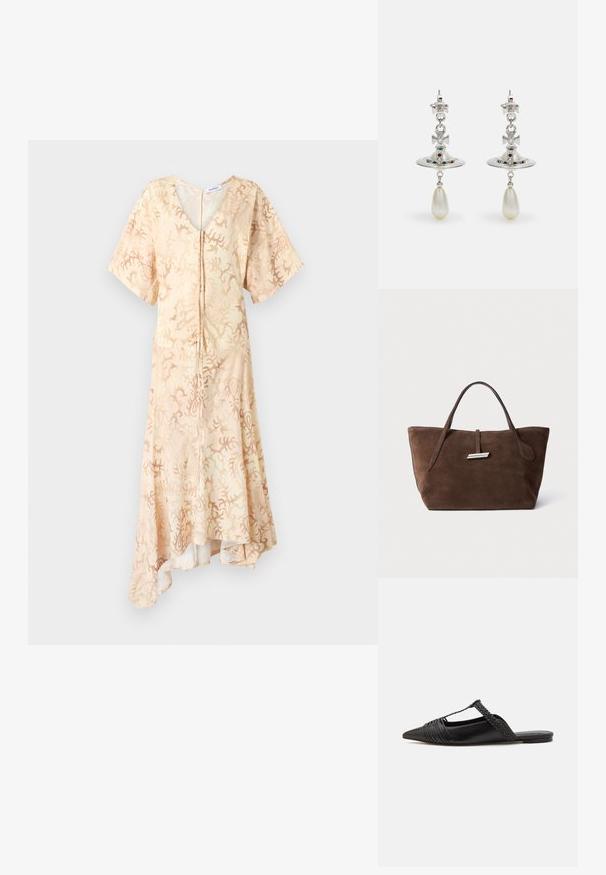 Sukienka z krótkimi rękawami i dekoltem w kształcie litery V, wykonana z jasnobeżowej tkaniny z abstrakcyjnym koralowym wzorem, z zapięciem na guziki z przodu i asymetrycznym dołem.; Czarny skórzany but na odkrytej pięcie z pointed toe, ozdobiony plecionym akcentem i plisowanym wzorem górnej części. Płaska podeszwa z minimalnymi elementami.; Brązowa zamszowa torba na ramię z dwoma miękkimi uchwytami, pionowym paskiem z srebrnym akcentem i szerokim, otwartym wnętrzem. Gładka faktura, minimalistyczny design.; Srebrne kolczyki z okrągłym kółkiem, ozdobione błyszczącymi kamieniami i wiszącą perełką w kształcie kropli. Charakterystyczny wzór z misternymi akcentami.