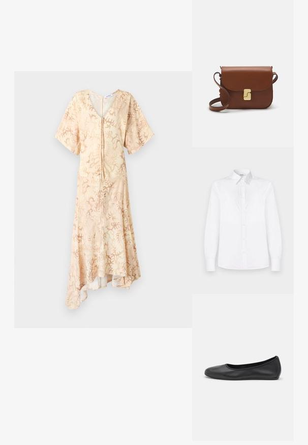 Rövid ujjú, V-nyakú ruha világos bézs anyagból, absztrakt korall mintával, gombos felső résszel és aszimmetrikus szegéllyel.; Fehér, hosszú ujjú ing sima anyagból, galléros nyakkal és világos rózsaszín gombokkal ellátott gombos elülső résszel.; Fekete bőr balettcipő lekerekített orral, sima tekstúrával, minimális varrással és rugalmas talp kialakítással.; Barna bőr kézitáska, hajtókás zárással, arany színű fém kiegészítőkkel, vállpánttal és sima felülettel. Kompakt téglalap alakú.