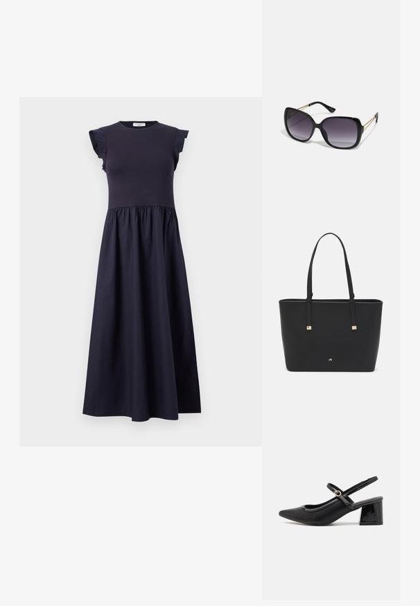 Jūrinio stiliaus suknelė su prigludusia liemene, kremzlėmis rankovėmis ir išsiplėtusia sijonu su susiraukšlėtu liemeniu. Pagaminta iš glotnios, lengvos medžiagos.; Juodi patentinio odos slingback aukštakulniai su smailiu pirštu, apvaliu išpjovimu ir blokiniu kulnu. Papuošti auksiniu juostos akcentu.; Juodos didelės saulės akinių su pereinamais objektyvais, storomis rėmeliais ir auksinės spalvos grandinėmis ant šventyklų.; Juodas sintetinio pluošto rankinis krepšys, turintis paprastą stačiakampį dizainą, auksines kvadratines detales ir dvi rankenas.