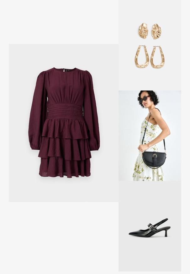 Vestido bordeaux em camadas com mangas bufantes longas, um cós franzido e tecido texturizado. Apresenta detalhes de babados na barra.; Saltos slingback em verniz preto com bico pontiagudo e um pequeno salto bloco, apresentando um detalhe de fivela prateada na tira.; Bolsa de couro preta com forma curva, alça destacável e detalhes em dourado. A bolsa possui uma aba com detalhe de fivela.; Brincos em tom de ouro com formas onduladas e texturizadas. Inclui studs escultóricos com presilha e um design de argola aberta com um acabamento martelado.