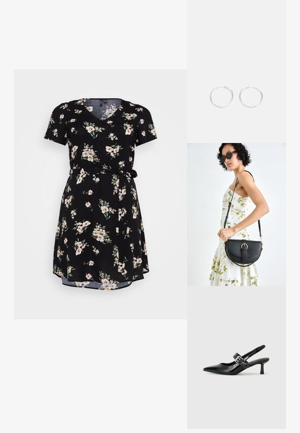 Rochie neagră cu flori, cu mâneci scurte, decolteu în V și curea în talie. Prezintă un model floral în alb și roz, cu o țesătură moale și fluida.; Sandale cu toc din piele patent neagră, cu vârful ascuțit și un toc mic bloc, având un accent cu cataramă argintie pe curea.; Geantă din piele neagră, cu o formă curbată, curea detașabilă și accesorii aurii. Geanta are un capac cu un detaliu tip cataramă.; Cercei din argint cu un design elegant și rotund, având o suprafață netedă și fără embellismente vizibile. Diametrul nu este specificat.