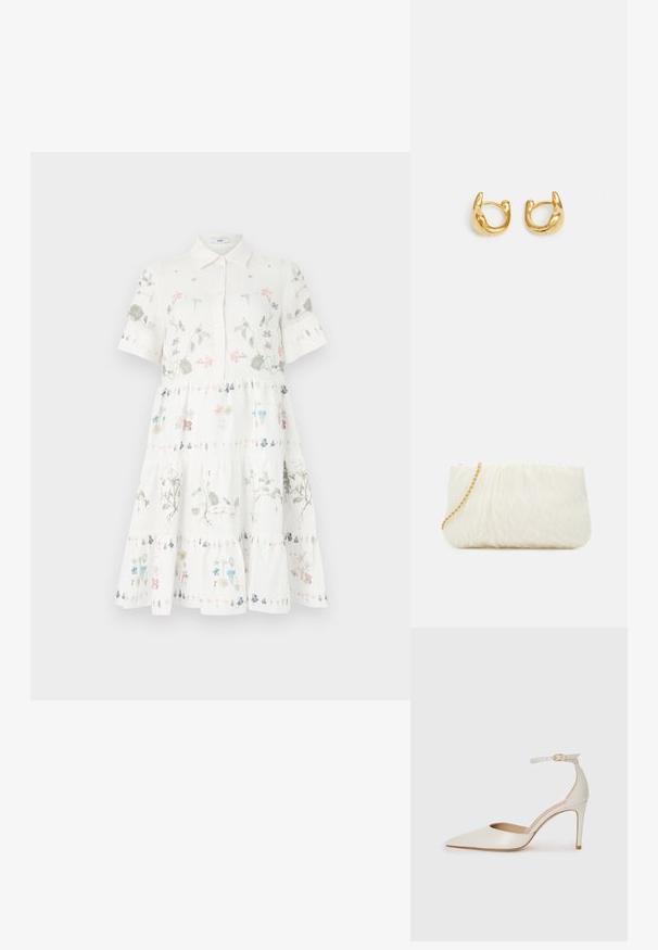 Biela krátka šaty s golierom, zdobené kvetinovými vzormi v pastelových farbách, s tiered dizajnom a zapínaním na gombíky vpredu.; Biele kožené topánky na vysokom podpätku s špicatou špičkou, remienkom okolo členka a štíhlym stiletto podpätkom. Hladký povrch s jemným lesklým povrchom.; Biela textúrovaná kabelka na ruku s nariaseným dizajnom, s zlatým reťazovým popruhom. Hladký povrch s jemnými vlnkami a zaoblenými hranami.; Zlaté kruhové náušnice s hladkým, zaobleným dizajnom a lesklým povrchom. Náušnice majú kompaktný, hrubý tvar a bezšvíkovú sponu.