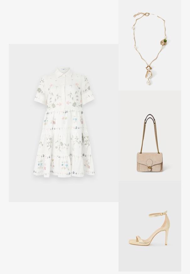 Balta trumpa suknelė su apykakle, puošta pastelinių spalvų gėlių raštais, su sluoksniuotu dizainu ir mygtukų uždarymu priekyje.; Auksinės metalinės aukštakulnės basutės su atvira nosimi, kulkšniai skirtu diržu su sagtimi ir platforma, suteikiančia papildomo aukščio. Lygi tekstūra.; Bežinė suknelė su auksinėmis grandininėmis petnešomis, struktūrizuota stačiakampio forma, siuvinėtos detalės ir auksinis logotipo akcentas priekyje.; Auksinės spalvos apyrankė su susuktomis grandinėmis, baltais perlais ir žaliuoju akmeniu. Pasižymi sudėtingais detalėmis ir užsegimu.