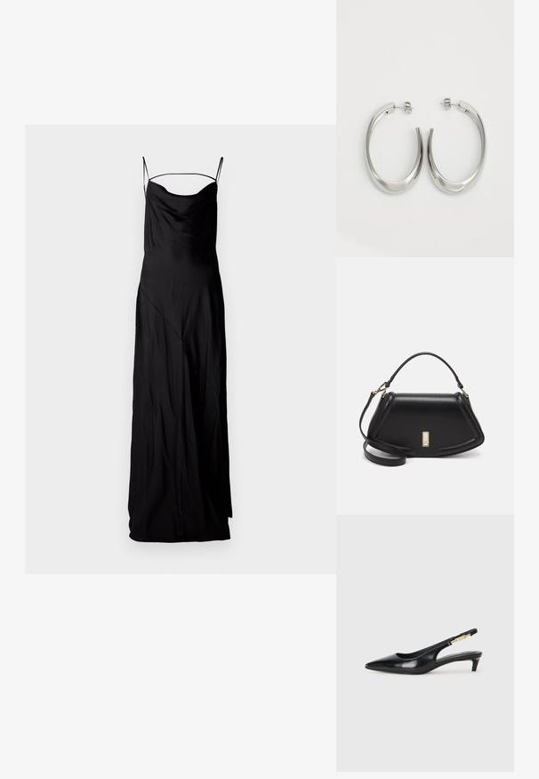 Černé saténové dlouhé šaty s tenkými nastavitelnými ramínky, zaobleným výstřihem a šikmými švy, které mají hladkou, splývavou strukturu.; Černé kožené boty na podpatku s otevřenou patou a špičatou špičkou, s tenkým podpatkem a zlatým akcentem na nastavitelném pásku. Hladký povrch.; Černá kožená kabelka se strukturovaným designem, jejíž tvar je zkrácený, má horní rukojeť a zlaté kovové detaily. Součástí je i nastavitelný ramenní popruh.; Stříbrné kruhové náušnice s hladkým, zakřiveným designem. Vyznačují se lesklým kovovým povrchem a zapínáním na patent. Žádné viditelné vzory nebo akcenty.