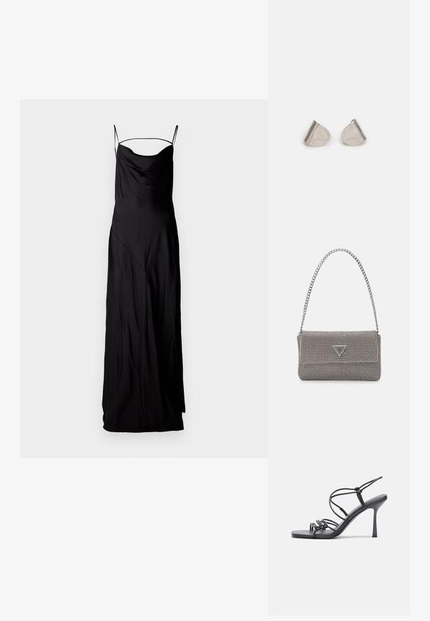 Robe longue en satin noir avec des bretelles fines et ajustables, un décolleté arrondi et des détails de couture diagonale, présentant une texture lisse et fluide.; Des sandales noires à talons hauts avec des fines lanières au design noué, un bout carré lisse et un talon aiguille élégant.; Sac à main en métal gris clair avec une bandoulière en chaîne, orné de petits clous métalliques ronds et d'un logo de marque triangulaire.; Boucles d'oreilles en métal argenté avec une forme larmoyante lisse et une finition polie. Des gravures subtiles ajoutent des détails. Design minimaliste.