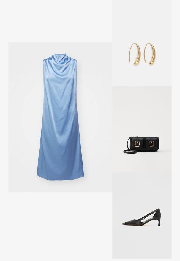 Tiger of Sweden ODYSS - Cocktailklänning - dusk blue; Svart läder kitten heel med spetsig silver-tåhätta och dubbla remmar med spänne på vit bakgrund.; Svart läderaxelväska med två framfickor, guldspännen, dragkedjestängning och en smal rem. Texturerad yta och kompakt rektangulär form.; Guldtonade metallörhängen i en kurvad, avlång form. Har en slät, glänsande yta och en rundad spets för en extra detalj.