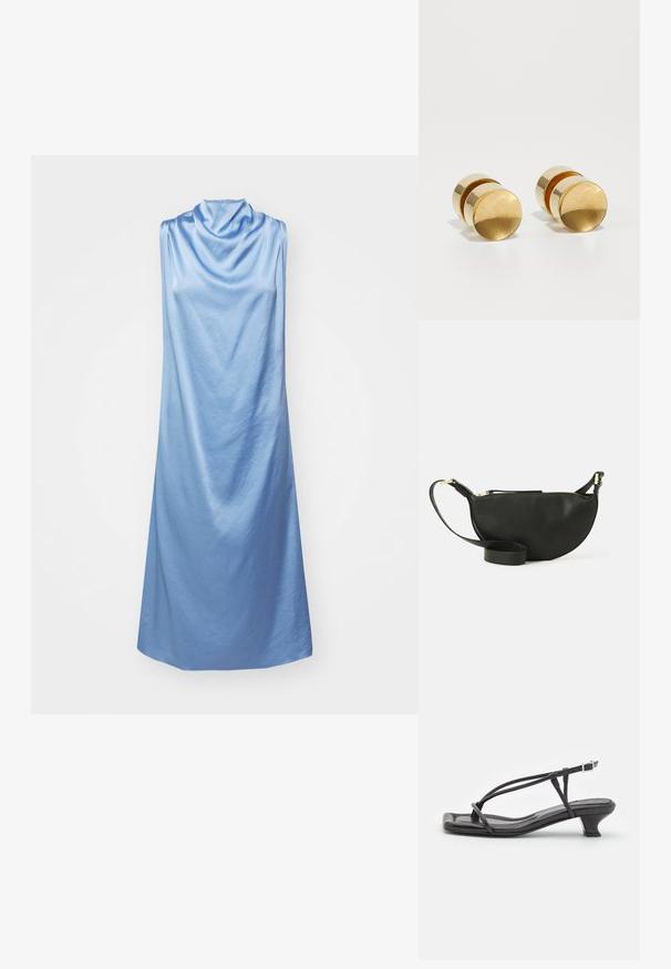 Tiger of Sweden ODYSS - Kokteiļkleita/ballīšu kleita - dusk blue; Melnas ādas sandales ar plānām siksniņām, zemu blokveida papēdi un kvadrātveida deguniem. Ar sprādzi un gludu tekstūru.; Melnas ādas plecu soma ar pusmēness formu, teksturētu virsmu, zelta rāvējslēdzēju un plakanu siksnu. Kompakts dizains, kas piemērots svarīgākajām lietām.; Zeltaini metāla auskari ar vienkāršu apaļu formu, ar gludu apdari un centrālu pulētu joslu. Diametrs aptuveni 1 cm.