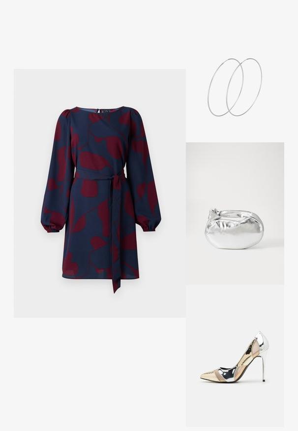 Morska obleka z bordo abstraktnim vzorcem, dolgimi napihnjenimi rokavi, zoženim pasom s trakom in okroglo izrezom. Gladek, lahkoten material.; Čevlji z visoko peto in konico, v barvni kombinaciji srebrne, zlate in nude. Sijajna obdelava z izrezljanim dizajnom, z igličasto peto.; Srebrna kovinska torbica z mehko, zaobljeno obliko in zavezano zgornjo zaporo. Narejena iz gladkega umetnega usnja.; Srebrne uhane v obliki obroča z minimalističnim dizajnom. Krožna oblika, gladka tekstura in tanek profil. Lahki s poliranim zaključkom.