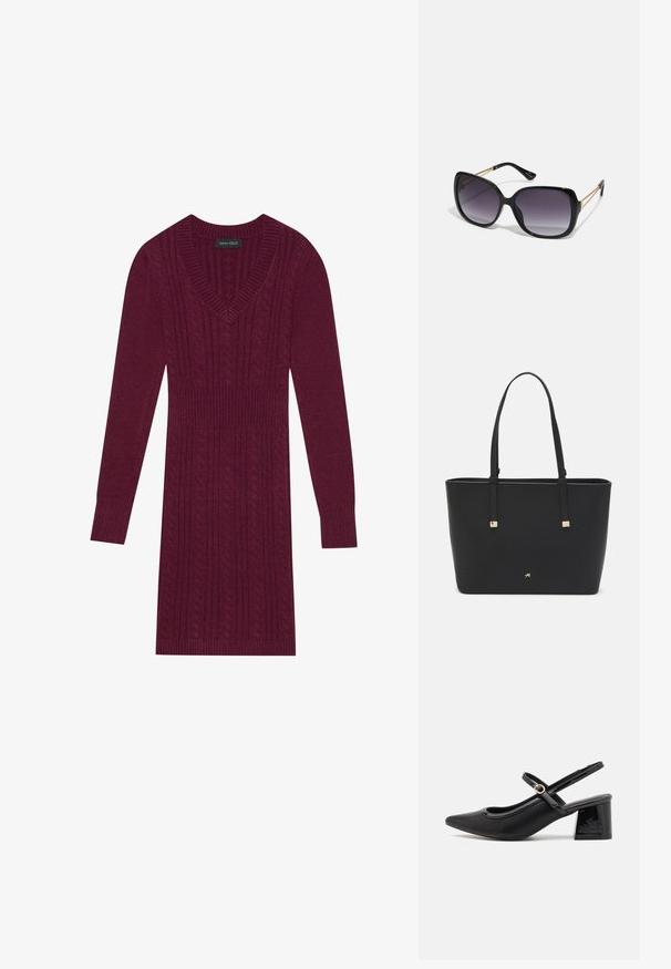Mørkerød strikket kjole med V-hals, lange ermer, ribbestrikkede mansjetter og et kabelstrikkemønster gjennom hele. Formsydd midje.; Sorte lakk lær slingback hæler med spiss tå, et avrundet utskjæringsdesign og blokkheel. Har en gulltone spenne som detalj.; Sorte oversized solbriller med gradient linser, tykke rammer og detaljering med gulltonekjede på tempelarmene.; Svart totebag laget av syntetisk materiale, med et enkelt rektangulært design, gullfargede firkantede detaljer og doble håndtak.