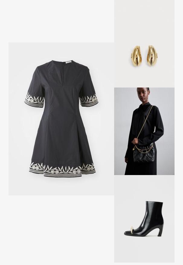 Rochie neagră cu un corp ajustat, fustă evazată și mâneci scurte, având motive florale albe brodate cu măiestrie la manșete și la margine.; Cizme negre peste glezna, realizate din piele lucioasă, cu vârf ascuțit și un accent decorativ aurii și argintii în față. Design cu toc pătrat.; Geantă de mână din piele quinoa neagră, cu vârf adunat, curea din lanț auriu și formă rectangulară, ținută pe un fundal simplu.; Cercei aurii cu un design curbat și fluid. Fiecare cercei are o suprafață netedă și un mic sistem de prindere cu un detaliu decorativ.