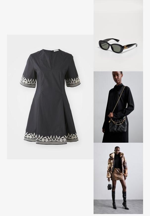 Rochie neagră cu un corp ajustat, fustă evazată și mâneci scurte, având motive florale albe brodate cu măiestrie la manșete și la margine.; Jachetă puffer cu un model maro și negru, asortată cu o fustă mini din piele de șarpe maro, cizme negre până la genunchi și o geantă mică neagră.; Ochelari de soare din plastic negru cu lentile verzi, având o formă ovală și detalii cu logo auriu pe tâmple. Textură netedă și finisaj lucios.; Geantă de mână din piele quinoa neagră, cu vârf adunat, curea din lanț auriu și formă rectangulară, ținută pe un fundal simplu.; Cerceii cu studs florali de aur au un centru texturat de culoare neagră și detalii delicate. Pielea clară a modelului și părul împletit sunt vizibile în profil.