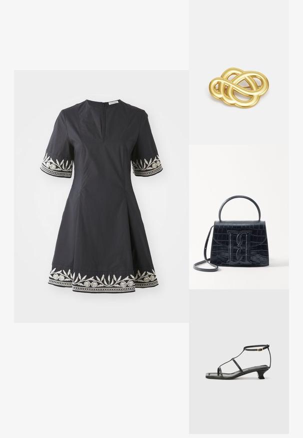 Musta mekko, jossa on istuva yläosa, kellotettu hamonen ja lyhyet hihat, joissa on taitavasti brodeerattuja valkoisia kukkakuviota hihoissa ja helmoissa.; Musta nahkasaapas, jossa on neliön muotoinen kärki, ohuet hihnat, säädettävä nilkkahihna ja matala korko. Hihnassa on pieni kultainen yksityiskohta.; Musta krokotiilivoimalla painettu nahkakäsilaukku, jossa on jämäkkä muotoilu, yläkahva, säädettävä hihna ja erottuva etuosan logoyksityiskohta.; Kultasävyinen rinnaneula, jossa on solmittu muotoilu, sileät, kaarevat viivat ja monimutkainen muoto, heijastaen kiiltävää pintaa.