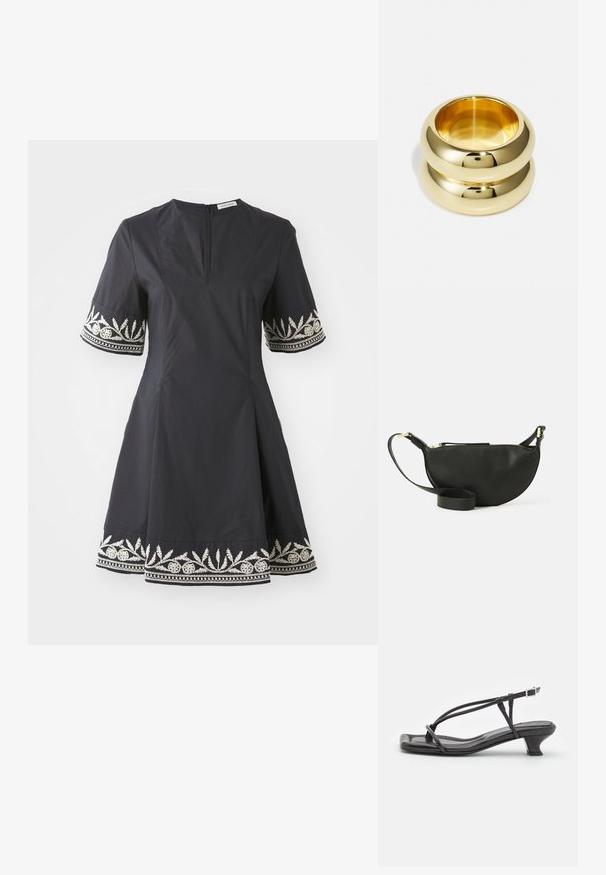 Mustmustel dress, mille kätise, flared seeliku ja lühikeste varrukatega, millel on keerukalt tikitud valged lillemustrid varrukaotsadel ja hemil.; Must must sandaalid, millel on õhukesed rihmad, madal plokknina ja ruudukujuline varvas. Omab kinnitust nahkel ja sile pind.; Mustmust kott poolkuu kuju, tekstuurse pinnaga, kuldne tõmblukk ja lame rihm. Kompaktne disain, mis sobib igapäevaste essementide jaoks.; Kuldtoonitud topelt-sõrm, millel on sile ja ümar disain. Peegeldav pind poleeritud viimistlusega. Nähtav siseläbimõõt, mis toob esile kuju ja tekstuuri.