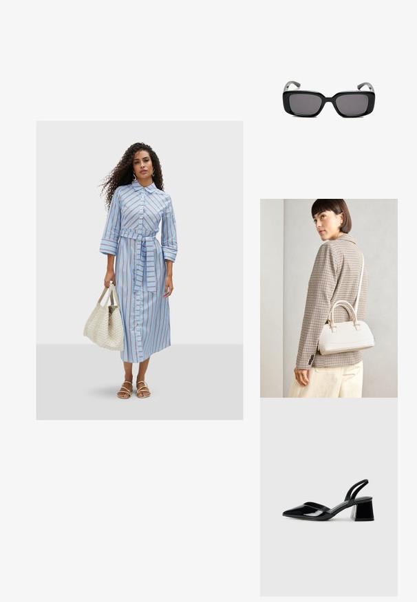 Svetlomodré pruhované košeľové šaty strednej dĺžky s opaskom, zapínanie na gombíky vpredu a trojštvrťové rukávy. Skombinované s tkanou taškou.; Čierne lakované kožené sandálové podpätky s špicatou špičkou a geometrickým blokovým podpätkom. Disponujú elegantným, minimalistickým dizajnom a hladkým povrchom.; Čierne obdĺžnikové slnečné okuliare s tmavými sklami, hladkým plastovým rámom a zakrivenými stranami. Dizajn je robustný s minimalistickou estetikou.; Biela štruktúrovaná kabelka s krátkymi rúčkami a ramenným popruhom, s zlatými kovovými prvkami a textúrovaným materiálom, vystavená na šedom pozadí.
