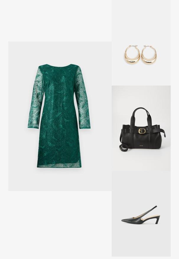 Grønn blondekjole med lange ermer og rund hals. Har intrikate blomstermønstre og en litt løs passform.; Svart spiss tå slingback-sko med lav hæl, laget av jevnt skinnmateriale og med utskåret design på siden for pusteevne.; Svart lærveske med en strukturert design, doble topphåndtak, gullfarget spenneakent og preget merke-logo foran.; Gulltonede hoop-øreringen med en halvmåneform, polert overflate og hengsel-lukking. Glatt tekstur og reflekterende finish øker synligheten.