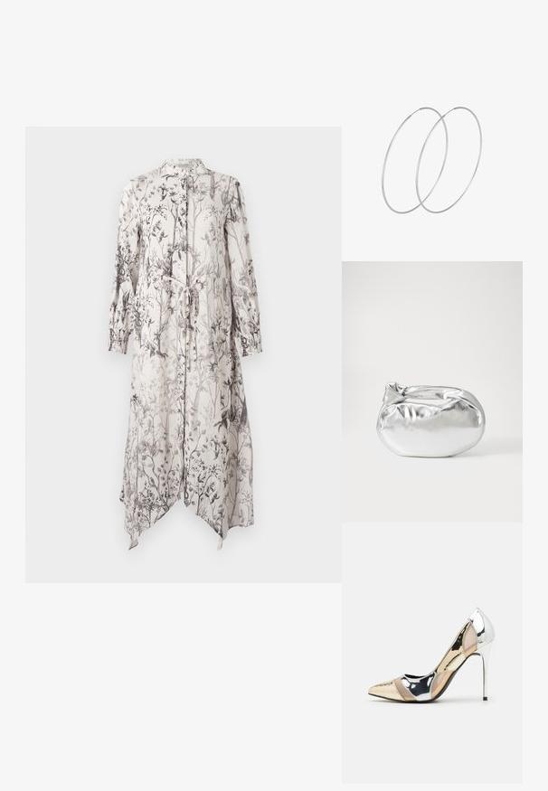 Pitkä, kevyt mekko, jossa on kukkakuosi mustan sävyissä vaalealla taustalla. Mekossa on kaulus ja solmittava vyötäröyksityiskohta.; Korkokenkät, joissa on terävä kärki ja hopea, kultainen sekä nude-väriyhdistelmä. Kiiltävä pinta ja leikkausdesign, varustettuna stikettikorkealla.; Hopeapintainen metallinen pussilaukku, jolla on pehmeä, pyöreä muoto ja solmittava yläosa. Valmistettu sileästä tekonahkamateriaalista.; Hopehope hopeilla, joissa on minimalistinen muotoilu. Pyöreä muoto, sileä pinta ja ohut profiili. Kevyet ja kiillotetut.