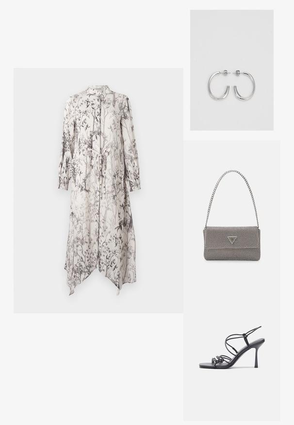 Dlhé, ľahké šaty s kvetinovým vzorom v odtieňoch čiernej na svetlom pozadí. Obsahujú golier a detail v páse na viazanie.; Čierne sandále na vysokom podpätku majú tenké remienky s uzlovým dizajnom, hladký štvorcový špičku a elegantný stiletto podpätok.; Svetlošedá metalická kabelka s reťazovým popruhom, ozdobená malými kruhovými kovovými štítkami a trojuholníkovým logom značky.; Strieborné kruhové náušnice s hladkým a lesklým povrchom. Okrúhly tvar, ľahký dizajn, s uzáverom na kolík.