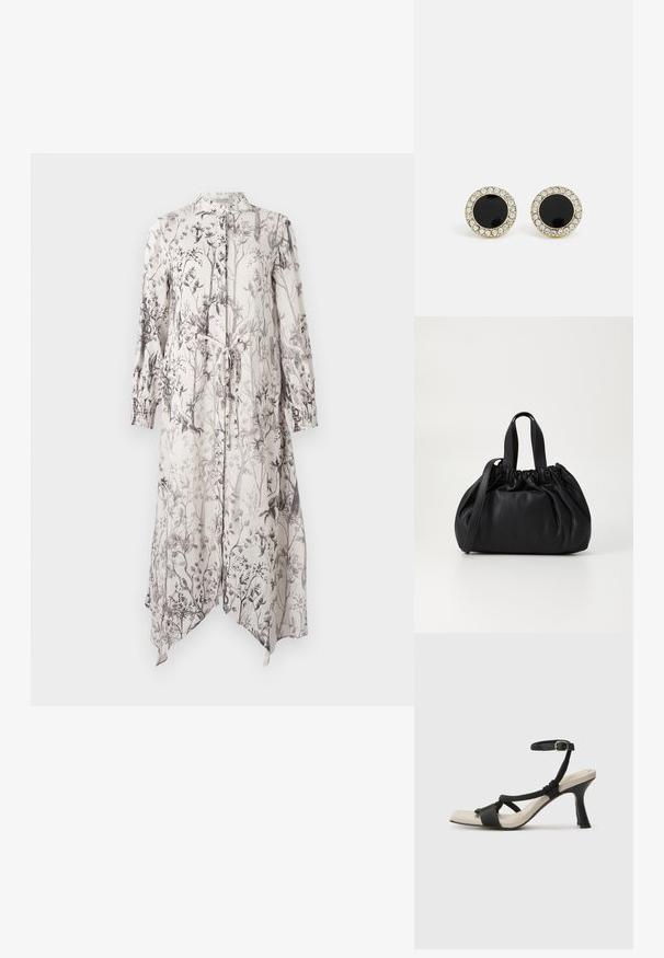 Rochie lungă, ușoară, cu un model floral în nuanțe de negru pe un fundal deschis. Include un guler și un detaliu cu curea la talie.; Sandal cu toc negru, cu design de curea împletită, vârf pătrat și curea de gleznă ajustabilă. Tălpică de un bej deschis și toc negru lucios.; Geantă de mână din piele neagră cu un design cu partea superioară plisată, având două mânere scurte și o curea lungă ajustabilă. Textură netedă, formă rotunjită.; DKNY INLAY STUD - Cercei - black/gold-coloured