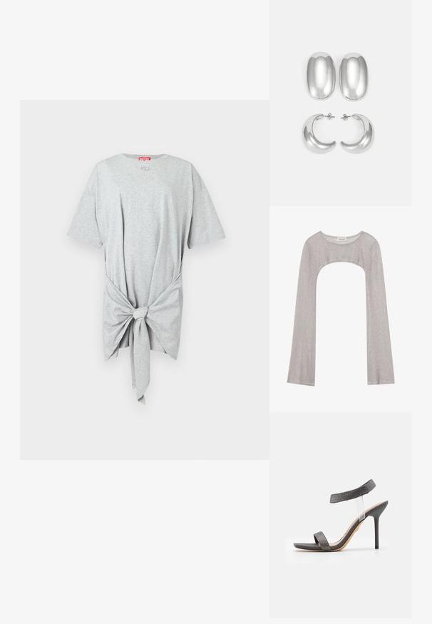 Siva majica iz mehke bombažne tkanine z okroglim izrezom, kratkimi rokavi in zvozljenim detajlom na pasu. Brez vzorcev ali grafik.; Srebrna bluza z dolgimi rokavi in okroglim izrezom, z izrezom spodaj. Narejena iz teksturiranega materiala, z oprijetim krojem in razširjenimi rokavi.; Črne sandale na visokih petah s prozornim trakcem, teksturiranim zgornjim delom in ozkim petami. Imajo širok sprednji trak in bleščeče detajle.; Set srebrnih uhani: dva ovalna ušesa in dve obročni obliki, z visokim sijajem, gladko površino in okroglo obliko.