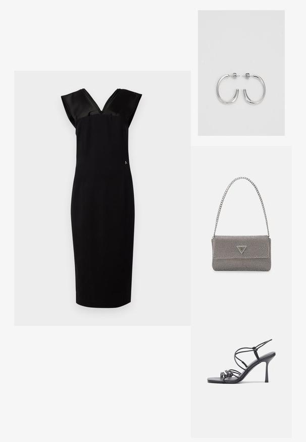 Fekete ruha testhezálló sziluettel, sapkaszerű selyem ujjakkal, V-nyakkivágással és diszkrét oldalsó részlettel. Sima szövettextúra, térdig érő hosszúság.; Fekete magas sarkú szandálok vékony pántokkal, csomózott mintával, sima négyzetes orral és karcsú stiletto sarkal rendelkeznek.; Világosszürke fémes kézitáska lánc pánttal, kis kör alakú fém kifinomult díszítéssel és háromszög alakú márkagéppel.; Ezüst karika fülbevalók sima, fényes felülettel. Lekerekített forma, könnyű kialakítással, tűs zárómechanizmussal.
