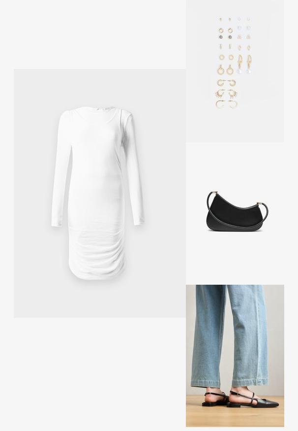 Langærmet hvid kjole lavet af glat stof, med rund halsudskæring og rynket tekstur langs taljen. Simpelt og tætsiddende design.; Sorte læder slingback-sko med spidse tæer, flad hæl og ankelrem; båret med lyseblå viddebenede jeans.; Sort læder skuldertaske med en buet design, der har en tekstureret rem og hardware i guldtonet ved lukningen for oven. Glat finish.; Sæt af guldfarvede øreringe med forskellige designs, herunder studs, hoops og hængende modeller med perler og rhinsten.