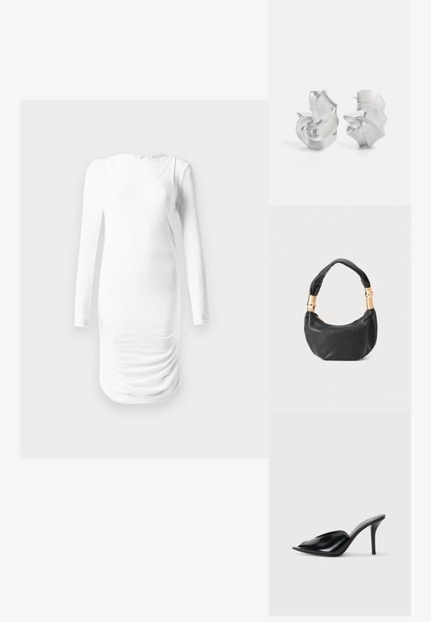 Langärmliges, weißes Kleid aus glattem Stoff, mit einem runden Ausschnitt und gerafftem Material an der Taille. Einfaches und figurbetontes Design.; Schwarze Leder-High-Heels mit offener Zehenpartie, spitzem Design, glatter Textur und schmalem Stiletto-Absatz.; Schwarze Lederhandtasche mit runder Form, weicher Textur und einem geknoteten Griff mit goldfarbenen Hardware-Akzenten. Reißverschlussverschluss.; Silberohrringe mit einem fließenden, spiralförmigen Design. Glatte Textur mit polierter Oberfläche. Verfügt über einen subtilen Glanz und keine sichtbaren Verzierungen.