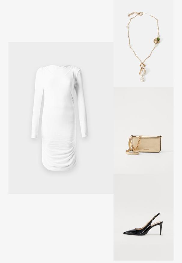 Long-sleeve, white dress made of smooth fabric, featuring a round neckline and gathered texture along the waist. Simple and form-fitting design.; Black patent leather slingback pump with pointed toe, slim heel, and a subtle cutout design. Features a gold buckle on the strap.; Metallic gold leather clutch with a textured finish, featuring a gold chain strap and a removable shoulder strap. Brand logo embossed.; Gold-tone necklace with twisted links, white pearls, and a green stone accent. Features intricate details and a clasp for fastening.