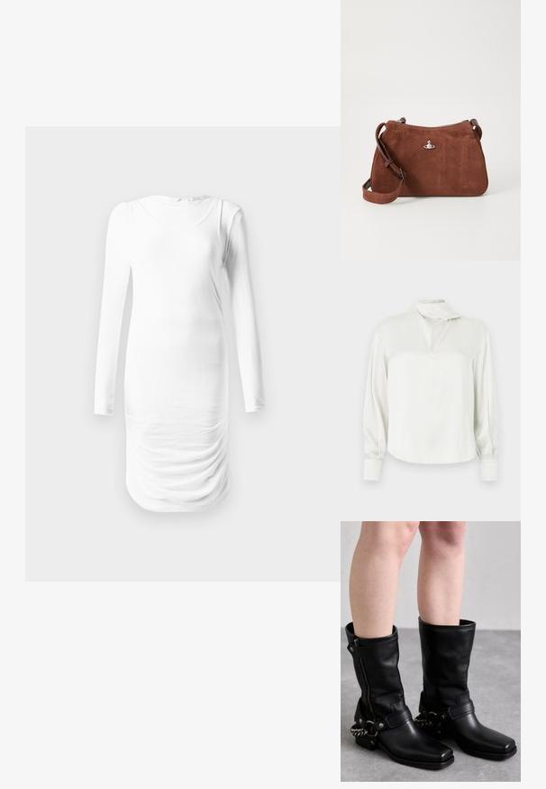 Long-sleeve, white dress made of smooth fabric, featuring a round neckline and gathered texture along the waist. Simple and form-fitting design.; White satin blouse with a high collar, a front slit, long sleeves, and buttoned cuffs. Smooth texture and minimalist design.; Black leather knee-high boots with a square toe, side zipper, and adjustable strap featuring a metal chain accent. Matte finish and sturdy sole.; Brown suede handbag with a zip closure, adjustable shoulder strap, and silver hardware accent, featuring a subtle textured surface.