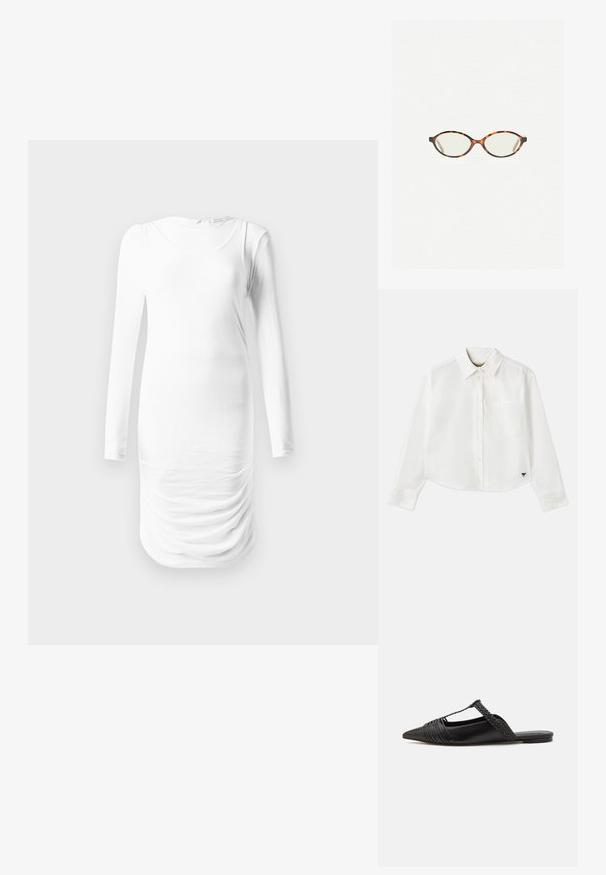 Hosszú ujjú, fehér ruha sima anyagból, kerek nyakkivágással és ráncolt textúrával a deréknál. Egyszerű és testhezálló kialakítás.; Fehér, rövidített hosszú ujjú, pamut ing. Gombos elülső résszel, mellzsebbel és egy kis fekete logóval a bal alsó részen.; Fekete bőr slingback cipő hegyes orral, szőtt díszítéssel és redőzött felső dizájnnal. Lapos talp minimális hardverrel.; Tortábar színű szemüveg ovális lencsékkel és sima, elegáns felülettel. Vékony szárakkal rendelkezik, amelyeken finom ív található a halántéknál. Átlátszó lencsék.
