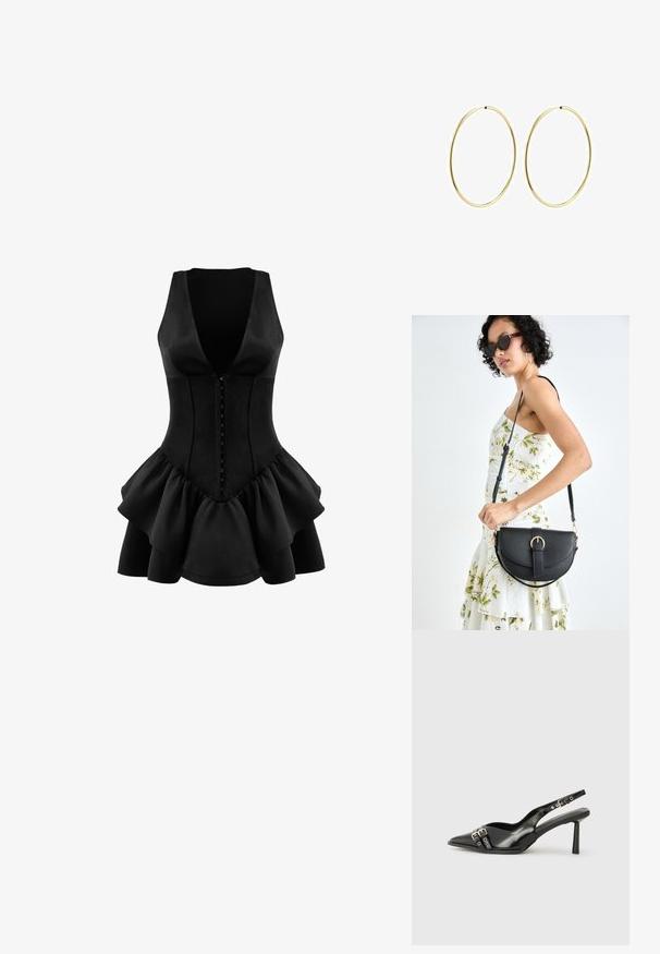 OW Collection - Sukienka z dżerseju; Czarne lakierowane buty typu slingback z ostrym noskiem, paskami na kostkach z srebrnymi klamrami i elementami metalowymi oraz smukłym obcasem.; Czarna skórzana torebka o zakrzywionym kształcie, z odpinanym paskiem i złotymi akcentami. Torebka posiada klapę z zapięciem w kształcie klamry.; Złote kolczyki w kształcie obręczy o gładkim, zaokrąglonym wzorze. Cienkie i lekkie, z ciągłą pętlą, bez żadnych ozdób.