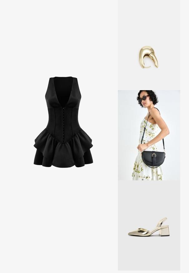 OW Collection AUGUSTA - Jerseykleid - black; Goldene, metallische Slingback-Absätze mit spitzem Zeh und dicker Ferse. Glatte Textur, minimalistisches Design und ein schmaler Riemen.; Schwarze Lederhandtasche mit geschwungener Form, abnehmbarem Tragegurt und goldenen Beschlägen. Die Tasche verfügt über einen Deckel mit einer Schnallen-Details.; Ohrringe aus goldfarbenem Metall mit einem schlanken, geschwungenen Design. Sie verfügen über eine markante, spitze Form, eine polierte Oberfläche und einen Scharnierverschluss.