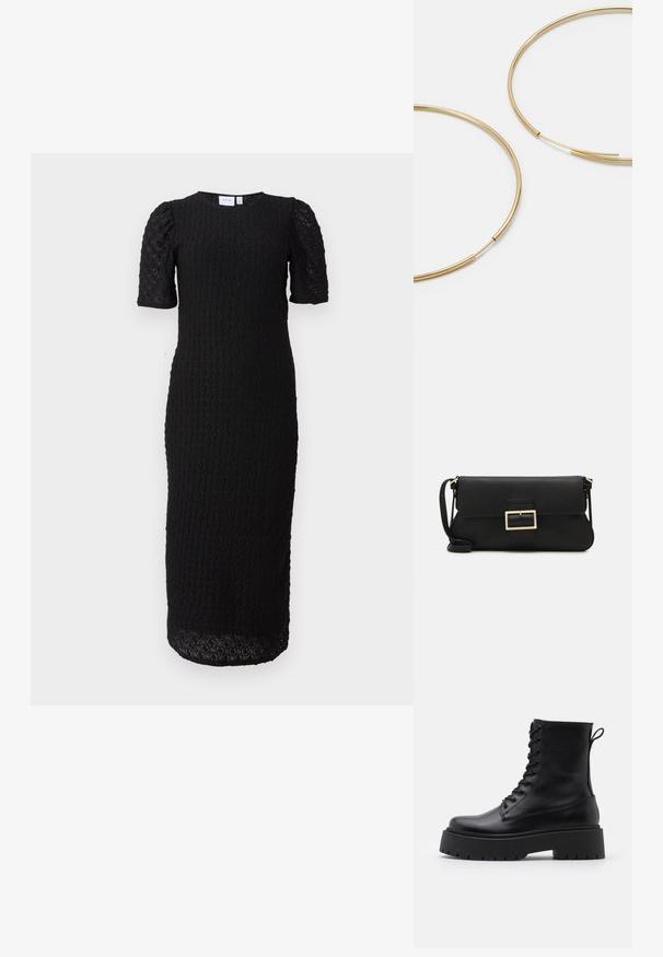 Schwarzes Midikleid mit puffierten kurzen Ärmeln und einem kreisförmigen Spitzenmuster, das sich über das gesamte Kleid zieht, mit rundem Ausschnitt und geradem Schnitt.; Schwarze Lederstiefeletten mit runder Zehenpartie, Schnürung vorne und einer dicken Gummisohle mit strukturiertem Profil. Mit Zugschlaufe an der Rückseite.; Schwarze Leder-Clutch mit Klappe und goldfarbenem Metallschnallen-Detail. Enthält einen schwarzen Riemen und ein schlankes, minimalistisches Design.; Goldfarbene Ohrringe in Form von dünnen, runden Kreolen, mit einer glatten, metallischen Oberfläche und ohne Verzierungen oder Muster.