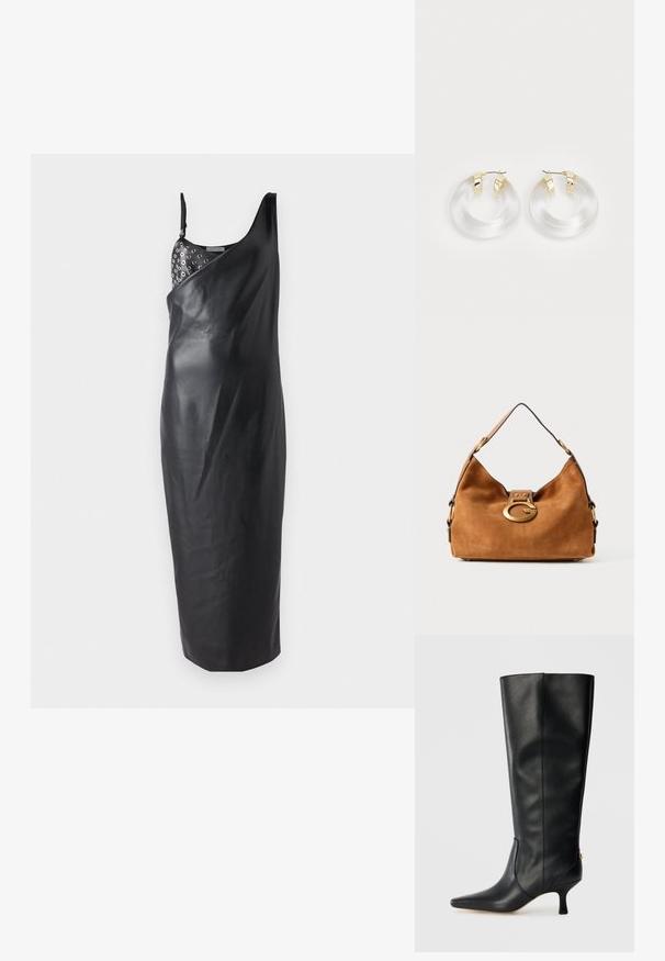 Černé kožené midi šaty s jedním ramenním popruhem, s dekoračním vzorem kovových kroužků na výstřihu a hladkou texturou.; Černá kožená vysoká kozačka s špičatou špičkou, štíhlým designem a zúženým 3palcovým podpatkem. Obsahuje zlatý akcent na zadní straně.; Hnědá semišová taška s kulatým tvarem, zlatým kováním na sponě a kontrastním černým lemováním. Obsahuje jedno ramenní ucho pro jednoduché nošení.; Průhledné akrylové kruhové náušnice se zlatými kovovými akcenty a lesklým povrchem. Mají hladký, kruhový design.