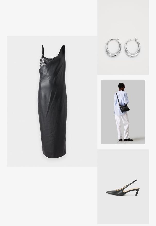 Čierne kožené midi šaty s jedným ramienkom, zdobené dekoratívnym, kovovým grometovým vzorom na výstrihu a hladkou textúrou.; Čierne slingback topánky s ostrou špičkou a nízkym opätkom, vyrobené z hladkej kože a s výrezmi na boku pre lepšiu priedušnosť.; Čierna kožená ramenná taška so mäkkou textúrou, trojuholníkovým tvarom a nastaviteľným popruhom, skombinovaná s svetlomodrou pruhovanou košeľou a bielymi nohavicami.; Pár zdobených strieborných polkruhových náušníc s pántovými uzávermi na bielom pozadí.