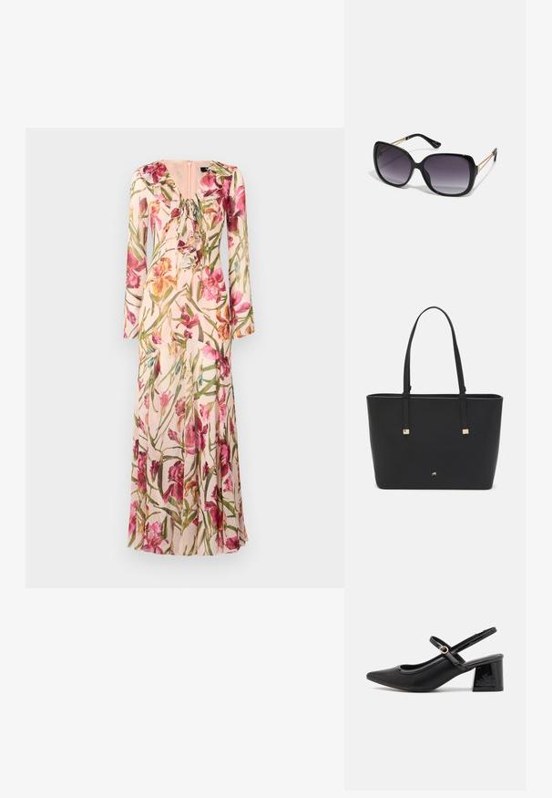 Blomstret lang kjole med en blød pink baggrund, livlige pink og gule blomster, flæset halsudskæring og lange ærmer.; Sorte patentlæder slingback hæle med spids tå, rund udskæring og blokhæl. Har en guldtonet spændeaccents.; Sorte oversized solbriller med gradientlinser, tykke stel og guldfarvet kæde detaljer på tempelarmene.; Sort tote bag lavet af syntetisk materiale, med et enkelt rektangulært design, gyldne firkantede detaljer og dobbelt håndtag.