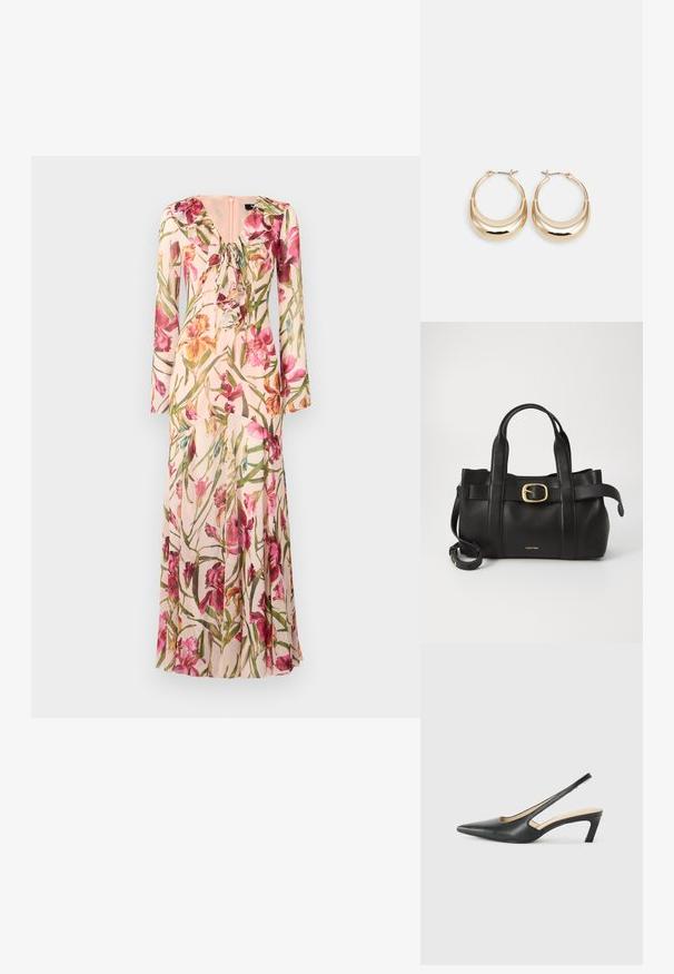 Abito lungo floreale con uno sfondo rosa morbido, fiori vivaci rosa e gialli, scollatura arricciata e maniche lunghe.; Scarpa slingback nera con punta affilata e tacco basso, realizzata in pelle liscia e con un design a taglio laterale per favorire la traspirabilità.; Borsa a mano in pelle nera con un design strutturato, doppie maniglie superiori, accentuazione in metallo dorato e logo del marchio in rilievo sul davanti.; Orecchini a cerchio tonalità oro con forma a mezzaluna, superficie lucidata e chiusura a cerniera. La texture liscia e la finitura riflettente migliorano la visibilità.