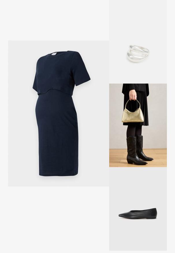 Mornarska materinska obleka iz gladkega bombaža, ki ima kratke rokave in ukrivljen ovitek, ki omogoča udobno nošenje med nosečnostjo.; Črne usnjene balerinke, koničast toe, minimalističen dizajn, gladka tekstura, nizka peta, brez vidnih kovinskih delov ali okraskov.; Zlati torbica z strukturo in ukrivljeno obliko ter kratko ročico, jo drži oseba v črnem nabranem krilu in črnih usnjenih kavbojkah.; Srebrn dvojni prstan z gladko, polirano površino. Ima tekoč, ukrivljen dizajn z prekrivajočimi se sekcijami za sodoben videz.