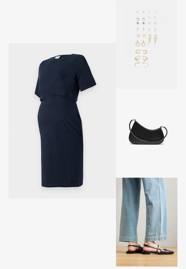 Marinblå gravidklänning i mjuk bomull, med korta ärmar och en böjd överlappande design som rymmer en växande mage.; Svart läder slingback-skor med spetsig tå, platt häl och ankelrem; bärs med ljusblå vida jeans.; Svart läder axelväska med en böjd design, utrustad med ett texturerat band och detaljer i guldton vid den övre stängningen. Slät yta.; Set med guldtonade örhängen med olika designer, inklusive studs, hoops och hängande delar med pärlor och rhinestones.
