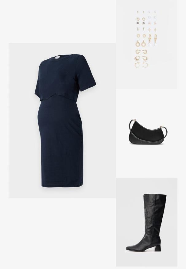 Jūras spēku grūtniecības kleita, izgatavota no gluda kokvilnas, ar īsām piedurknēm un izliektu pārklājuma dizainu, kas pielāgojas augošai vēderam.; Melnas mid-calf ādas zābakus ar norādītu degunu un blokveida papēdi uz vienkārša gaiša fona.; Melnas ādas plecu soma ar izliekumu, aprīkota ar teksturētu siksnu un zelta tonētiem aksesuāriem augšējā aizdara daļā. Gluda apdare.; Zeltainā tonī auskari, kas iekļauj dažādus dizainus, tostarp pīrsingu, gredzenus un karājošus elementus ar pērlēm un rhinestones.