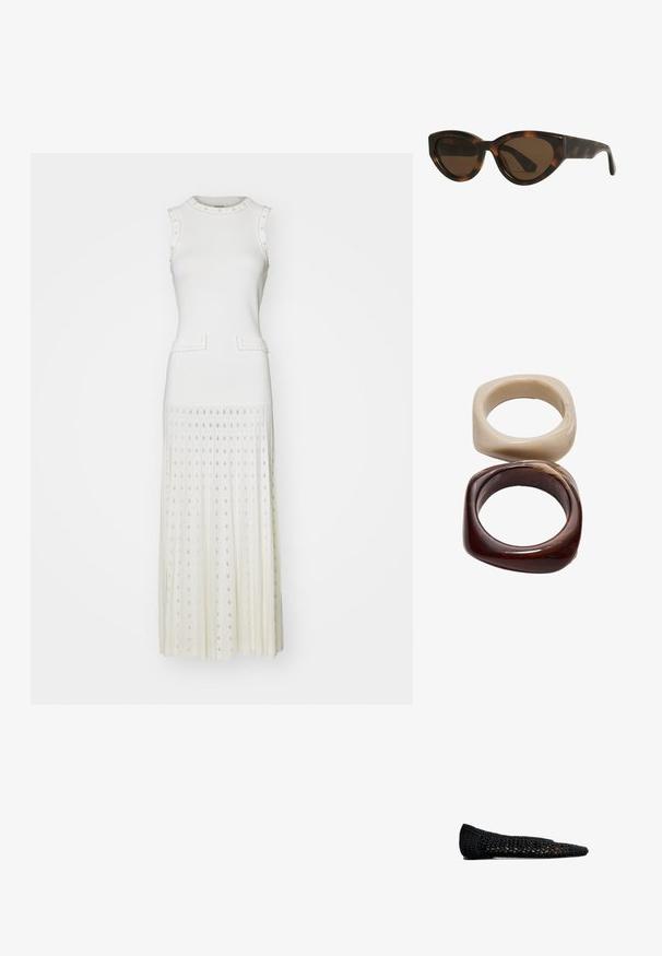 sandro ROBE MIDI DETAILS - Svetríkové šaty - ecru; Čierne háčkované baleríny s špicatou špičkou, ktorý majú tkanú textúru a subtilnú vnútornú podšívku, navrhnuté pre pohodlie a priedušnosť.; Mačacie slnečné okuliare v štýle tortoiseshell s hnedými šošovkami, s hladkými, lesklými plastovými rámami a elegantným dizajnom. Žiadne viditeľné logá ani akcenty.; Stradivarius SET - Náramok - dark brown