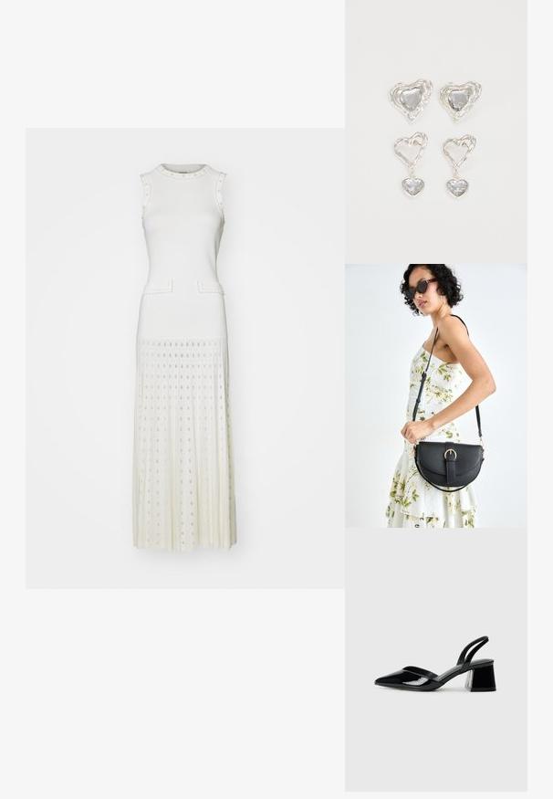 sandro - Sukienka dzianinowa; Czarne lakierowane półbuty na obcasie z wydłużonym noskiem i geometrycznym słupkiem. Charakteryzują się eleganckim, minimalistycznym designem oraz gładką fakturą.; Czarna skórzana torebka o zakrzywionym kształcie, z odpinanym paskiem i złotymi akcentami. Torebka posiada klapę z zapięciem w kształcie klamry.; Srebrne kolczyki w kształcie serca posiadają fasetowane przezroczyste kamienie, otoczone teksturowaną ramą. Zestaw obejmuje kolczyki w stylu wkrętów oraz wiszące.