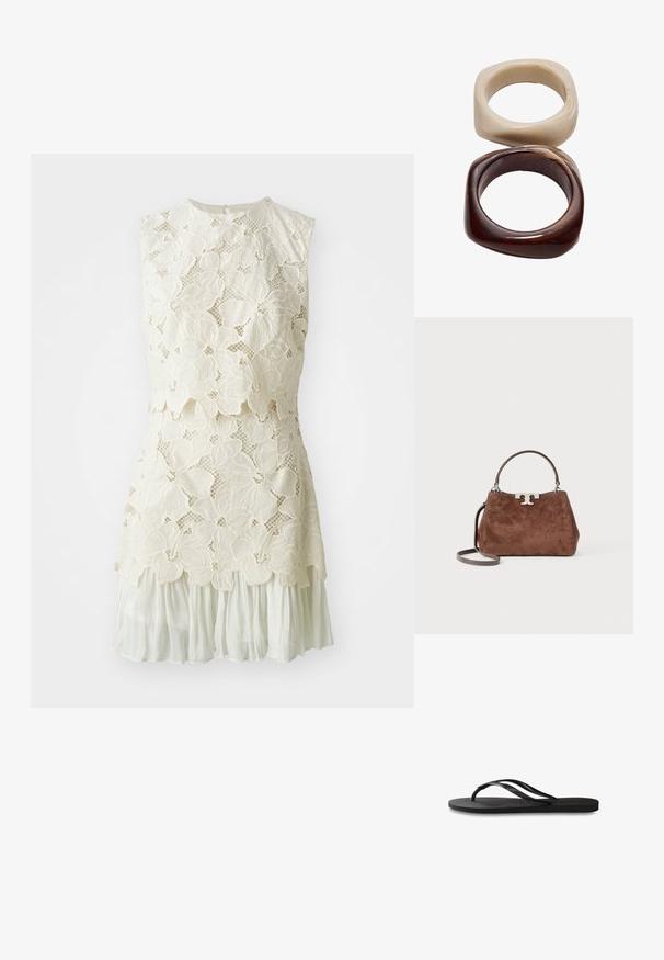 Sukienka koronkowa z kwiatowym wzorem w odcieniu off-white, z warstwowym krojem i przezroczystą, zwiewną dolną częścią.; Czarne klapki z teksturowaną gumową podeszwą, dwiema smukłymi paskami oraz subtelnym, wytłoczonym logo na pasku.; Brązowa torebka z zamszu o wyraźnym kształcie, ze srebrnym logo, krótkim uchwytem i odpinanym paskiem na ramię. Gładka tekstura, minimalistyczny design.; Stradivarius SET ciemnobrązowy