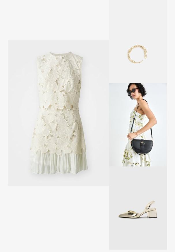 Nodibinātas mežģīņu kleitas ar ziedu rakstu bēšā krāsā, ar slāņotu dizainu un caurspīdīgu, plūstošu apakšējo daļu.; Zeltaini, metāla kurpes ar siksniņām, norakans purngalis un masīla papēdis. Gluda tekstūra, minimālisma dizains un šaura siksna.; Melnas ādas rokassoma ar izliekta formu, noņemamu siksnu un zelta aksesuāriem. Somai ir vāciņš ar sprādzes detaļu.; Zelta toņa gredzens ar organisku, vērptu dizainu, gludu virsmu un sašaurinātiem galiem, radot mūsdienīgu, skulpturālu izskatu.