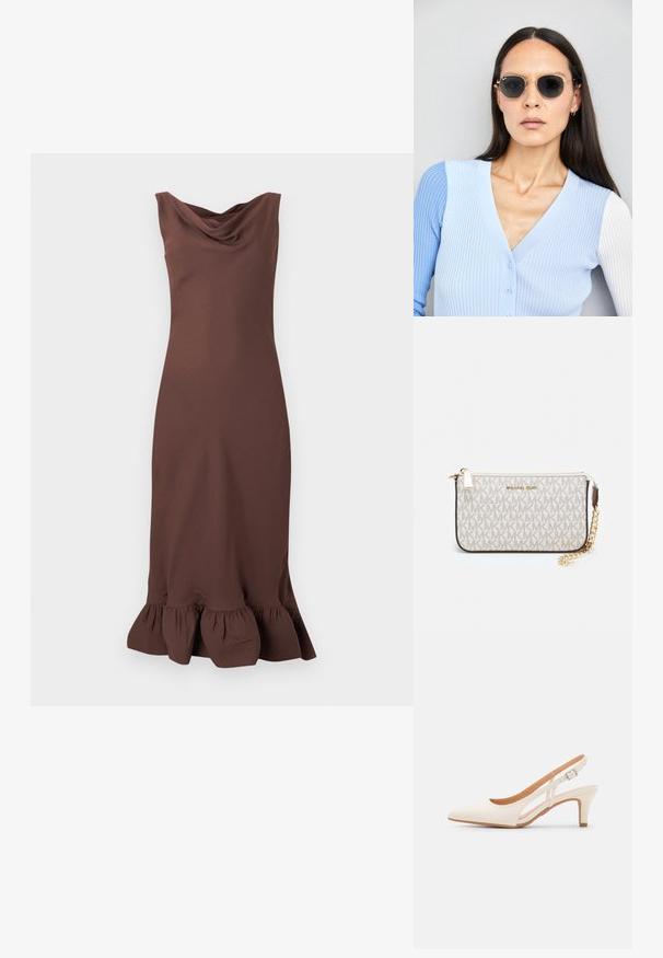 Hnědé bezramínkové šaty vyrobené z hladké látky, s volným výstřihem a řaseným lemem na spodním okraji, střižené pro přiléhavý siluetu.; Bílé lodičky na podpatku s špicatou špičkou, hladkým svrškem, nízkým blokovým podpatkem a designem s bočním výřezem se stahovací sponou.; Kulaté sluneční brýle s tmavými čočkami a zlatými rámy. Modelka má na sobě světle modrý žebrovaný kardigan s knoflíky a kontrastními bílými rukávy.; Kabelka na zápěstí Michael Kors v béžové potažené plátno s opakujícím se vzorem loga MK, zlatými kovovými doplňky a odnímatelným řetízkovým popruhem.; Zlaté kovové náušnice s vlnitým designem; hladký, lesklý povrch; asymetrický tvar; žádné viditelné vzory nebo hardware.