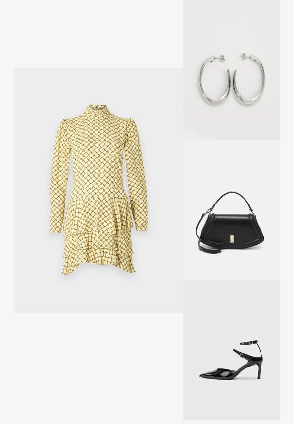 Žlté šaty s dlhým rukávom a peplum lemom, s diamantovým vzorom v čiernej a zelenej farbe. Vysoký golier, texturovaná tkanina a vrstvené volány.; Čierne lakované lodičky s ostrou špicou, nastaviteľnými členkovými popruhmi a štíhlým podpätkom. Hladký povrch s lesklým finišom.; Čierna kožená kabelka so štruktúrovaným dizajnom, s krátkym tvarom, hornou rúčkou a zlatými prvkami. Súčasťou je nastaviteľný ramenný popruh.; Strieborné kruhové náušnice s hladkým, zakriveným dizajnom. Majú lesklý kovový povrch a zapínanie na kolík. Žiadne viditeľné vzory ani akcenty.