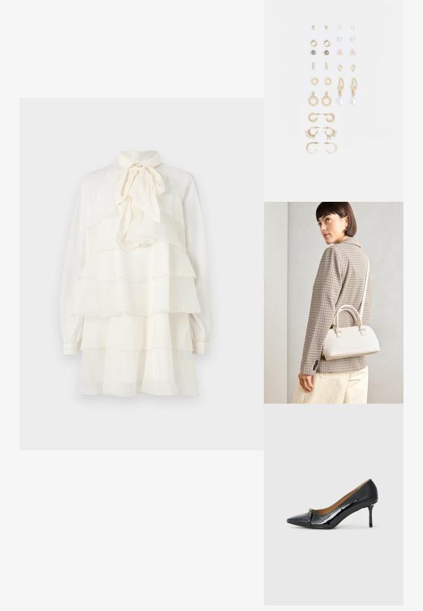 Rochie albă cu volane în straturi, guler tip fundă, mâneci lungi și manșete cu nasturi; țesătură ușoară cu o textură netedă.; Pantofii cu toc înalt din piele lacuită neagră, cu vârf ascuțit, detalii decorative cu curea în față și toc subțire tip stiletto.; Geantă structurată albă, cu mânere scurte și curea de umăr, având accente din metal aurit și material texturat, expusă pe un fundal gri.; Set de cercei aurii, cu diverse designuri, inclusiv cercei tip stud, cercei hoop și cercei lungi cu perle și strassuri.